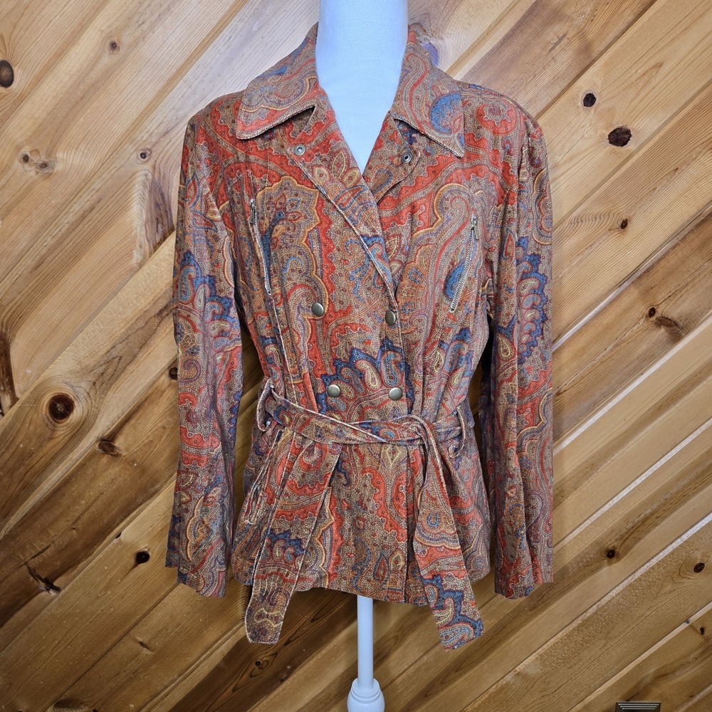 Vtg Silvia Miccio Paisley‎ Light Weight Double Breasted Jacket Belt Sz Large